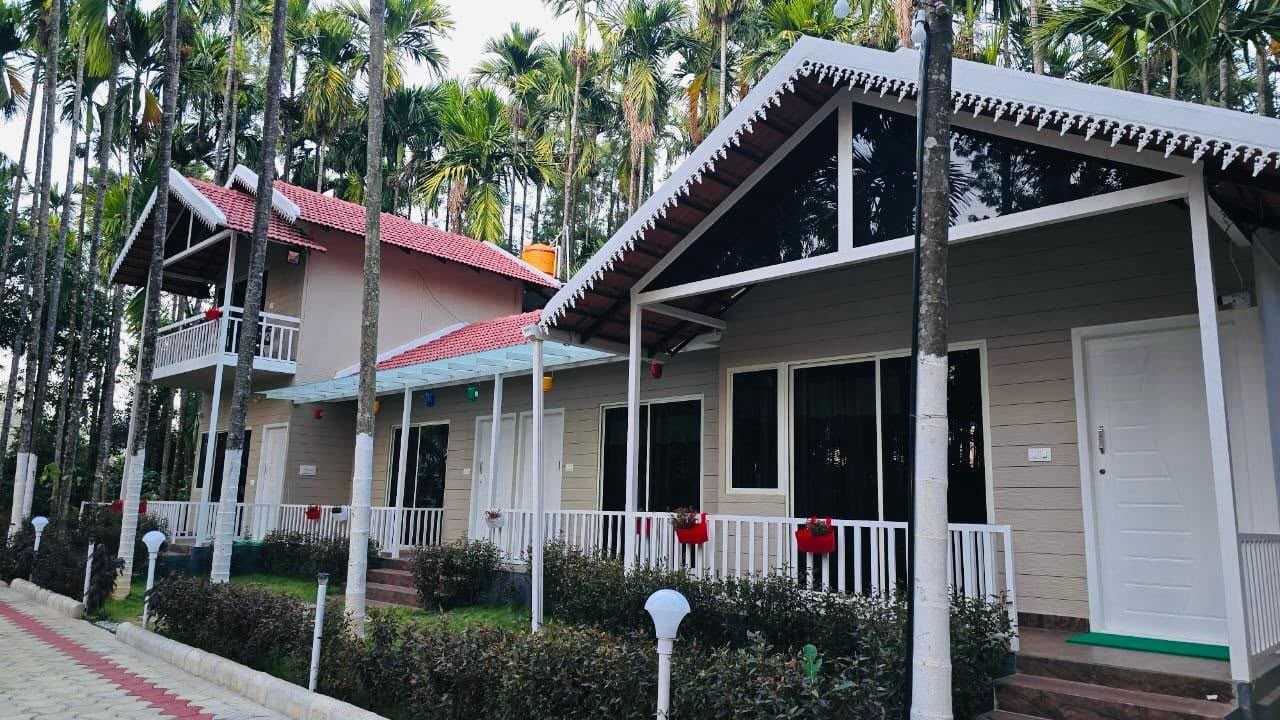A cottage with a gabled roof among areca palms